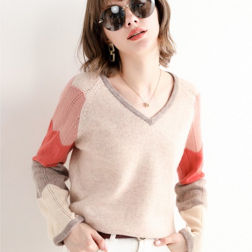 100% Wool V-neck Contrasted Sleeves Knit Top