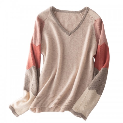 100% Wool V-neck Contrasted Sleeves Knit Top