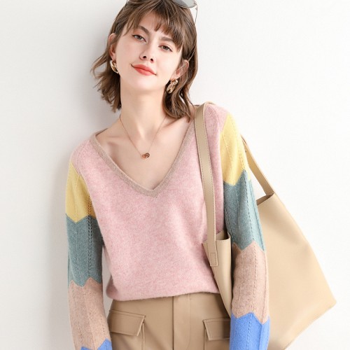 100% Wool V-neck Contrasted Sleeves Knit Top