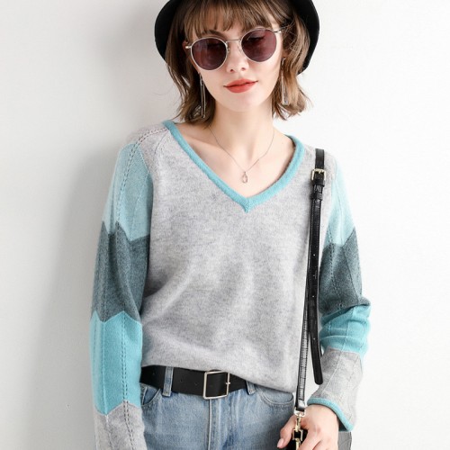 100% Wool V-neck Contrasted Sleeves Knit Top