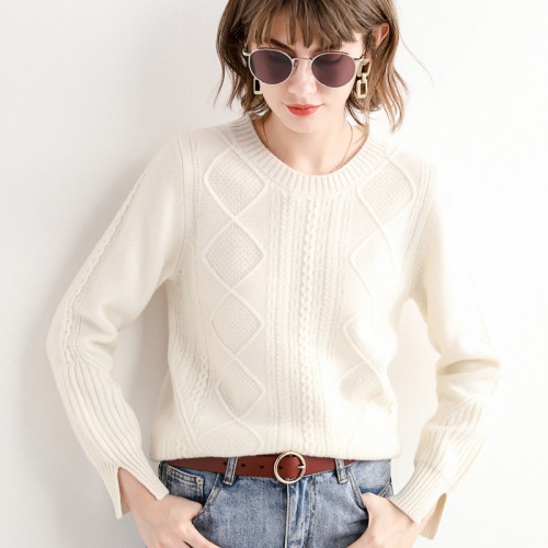 100% Wool Round-neck Braided Knit Top