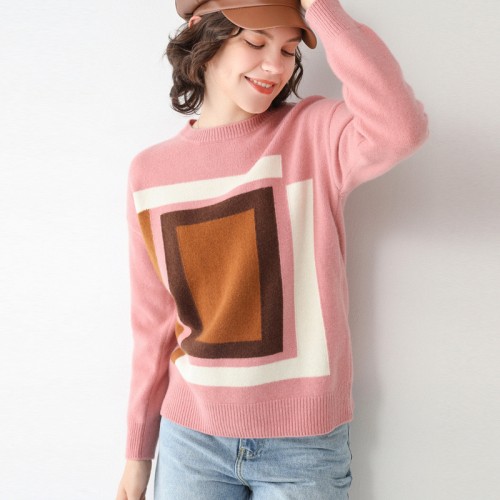 100% Wool Round-neck Color-block Knit Top