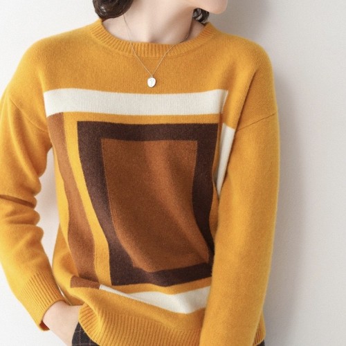 100% Wool Round-neck Color-block Knit Top