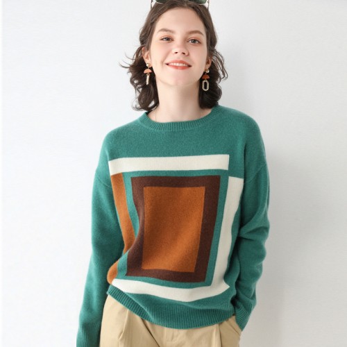 100% Wool Round-neck Color-block Knit Top