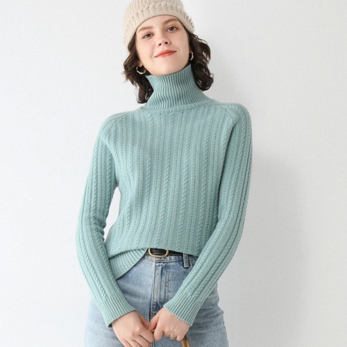 100% Wool Turtle-neck Braided Knit Top