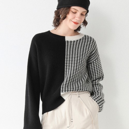 100% Wool Round-neck Contrasted Knit Top