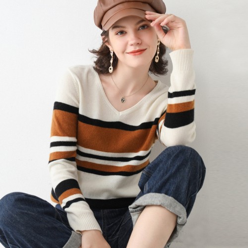 100% Wool Round-neck Stripe Knit Top