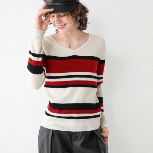 100% Wool Round-neck Stripe Knit Top