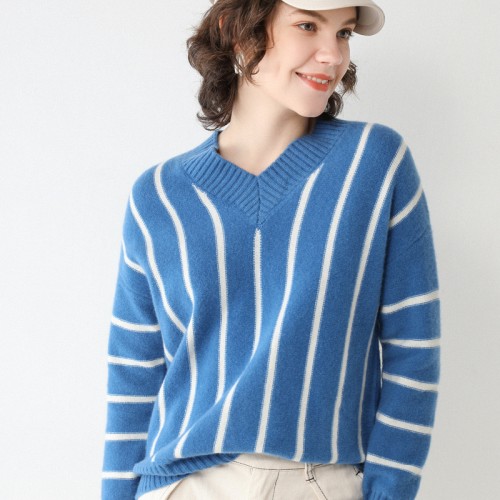 100% Wool V-neck Stripe Knit Top