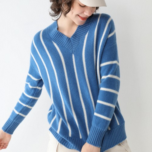 100% Wool V-neck Stripe Knit Top