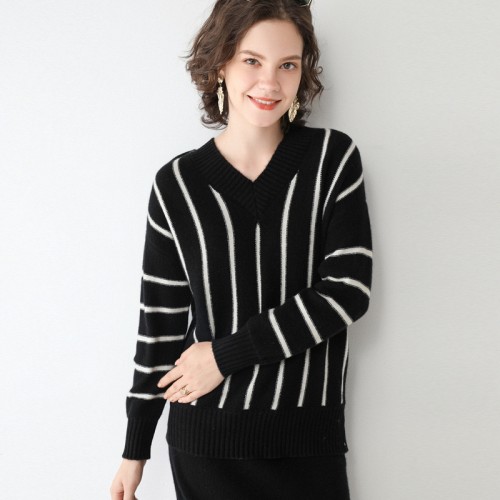 100% Wool V-neck Stripe Knit Top