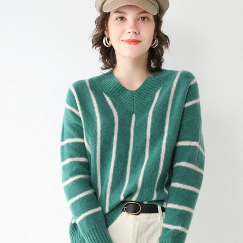 100% Wool V-neck Stripe Knit Top