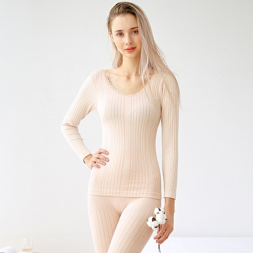 Round Neck Lace Trim Lined Thermal Underwear Set