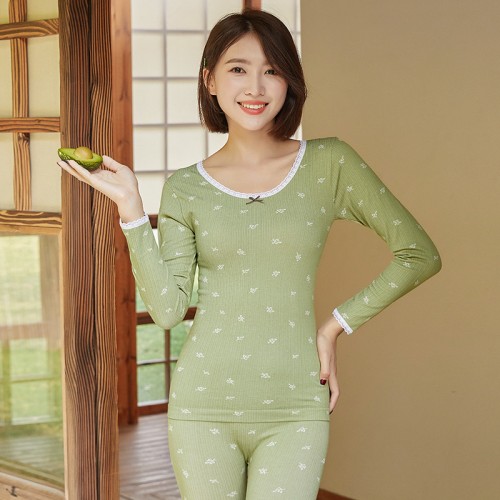 Lace Trim Embroidery Flower Pattern Comfortable Thermal Underwear Set