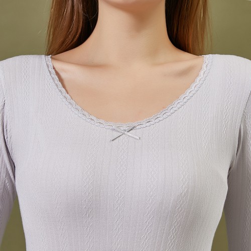 Lace Trim Round Neck Thermal Underwear Set