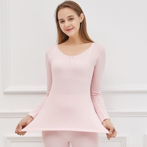 Lace Trim Round Neck Thermal Underwear Set