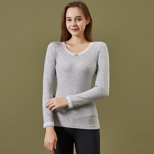 High Stretch Lace Trim Lined Comfortable Thermal Top