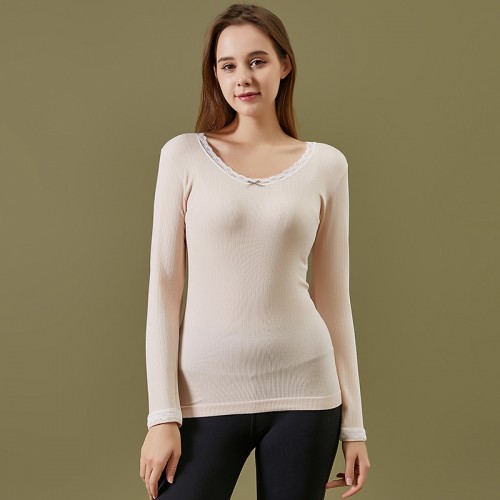 High Stretch Lace Trim Lined Comfortable Thermal Top