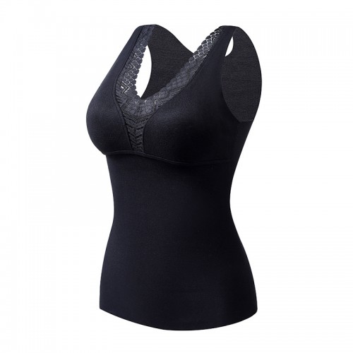 Lace Trim Comfortable Thermal Tank Top With Bra