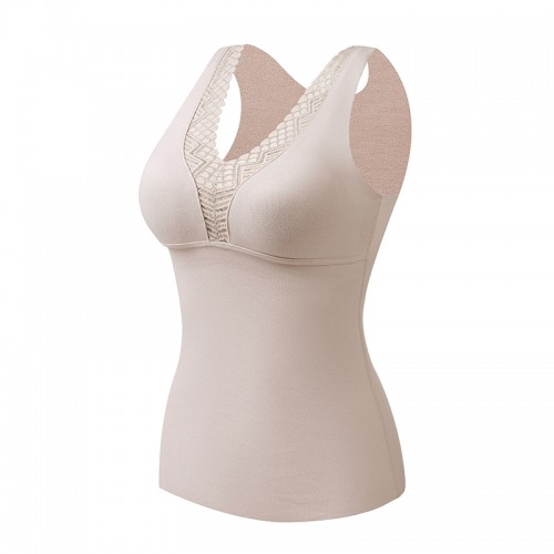 Lace Trim Comfortable Thermal Tank Top With Bra