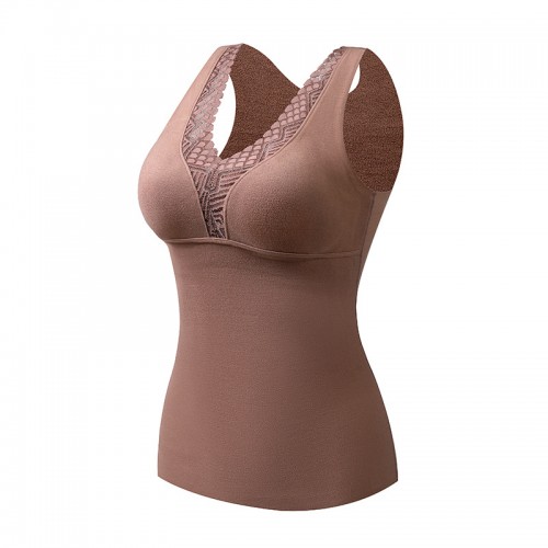 Lace Trim Comfortable Thermal Tank Top With Bra