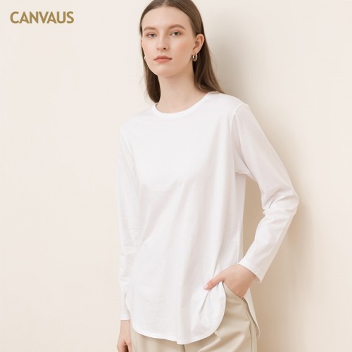 Round Neck Curved Hem Long Sleeves Top