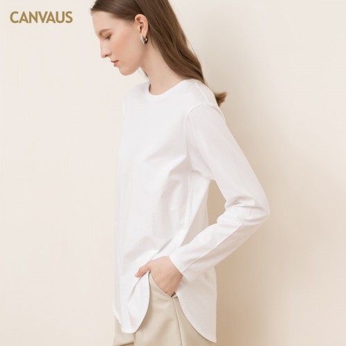 Round Neck Curved Hem Long Sleeves Top