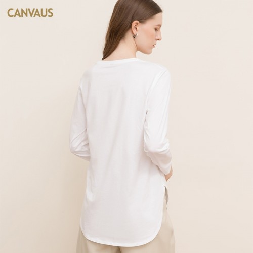 Round Neck Curved Hem Long Sleeves Top