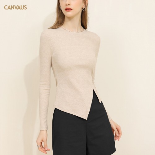 Round Neck Ribbed Split Hem Long Sleeves Sweater