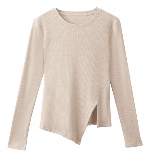 Round Neck Ribbed Split Hem Long Sleeves Sweater