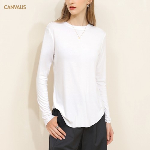 Round Neck Curved Hem Long Sleeves Top