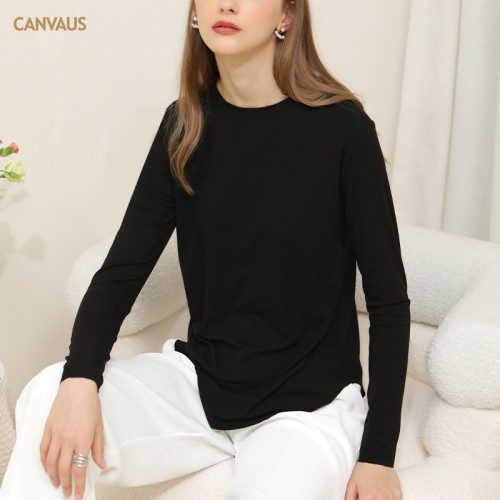 Round Neck Curved Hem Long Sleeves Top