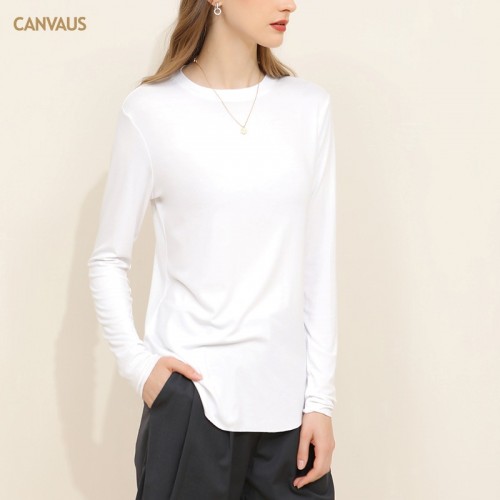 Round Neck Curved Hem Long Sleeves Top