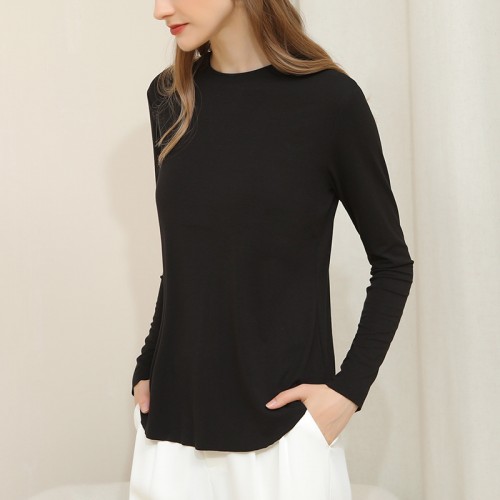 Round Neck Curved Hem Long Sleeves Top