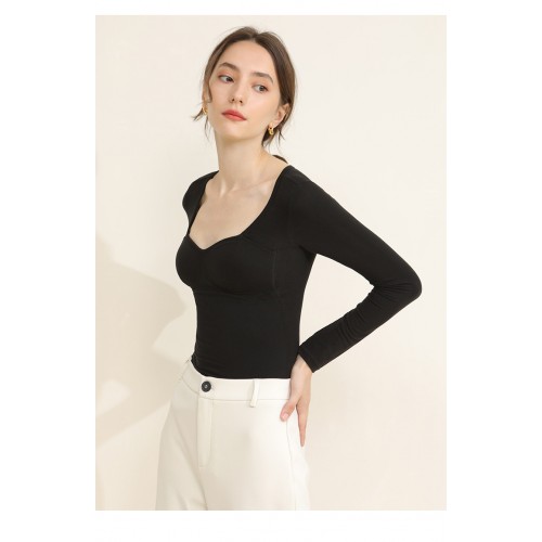 Thermal Long Sleeves Square Neck Top With Bra