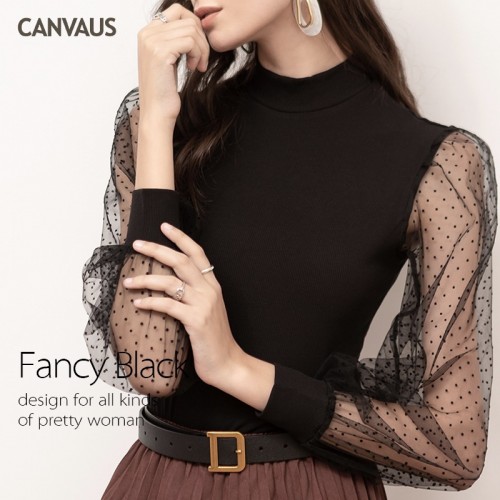 See-through Dots Long Sleeves Turtleneck Top