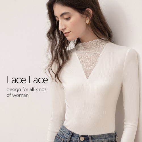 Turtle Lace Neck Long Sleeves Top