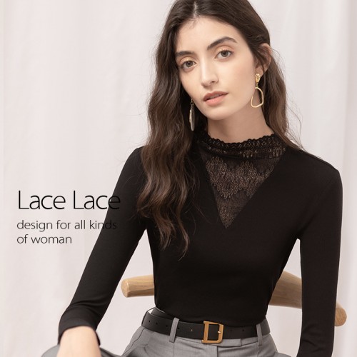 Turtle Lace Neck Long Sleeves Top