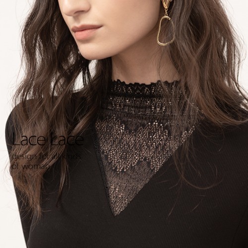 Turtle Lace Neck Long Sleeves Top