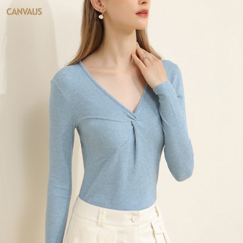 V Neck Knot Front Ribbed Knit Long Sleeves Top