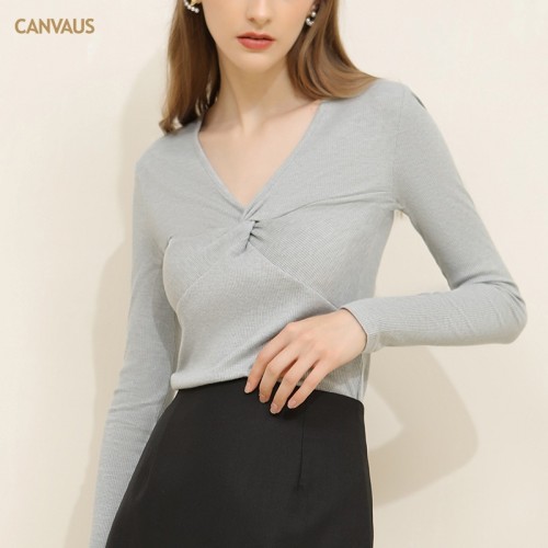 V Neck Knot Front Ribbed Knit Long Sleeves Top