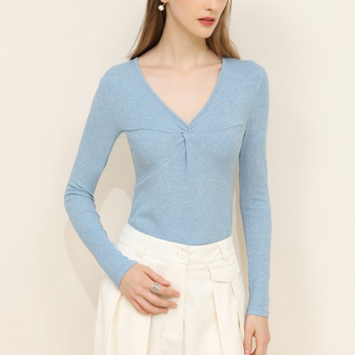 V Neck Knot Front Ribbed Knit Long Sleeves Top