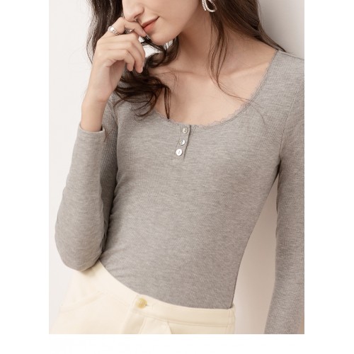 Lace Trim Round Neck Ribbed Knit Top