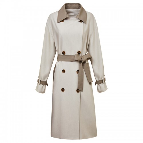 Contrasted Double Breast Belted Trench Coat