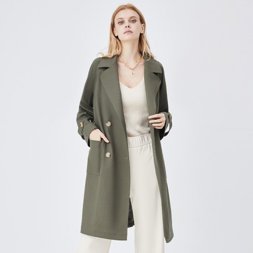 Lapel Collar Raglan Sleeves Belted Trench Coat