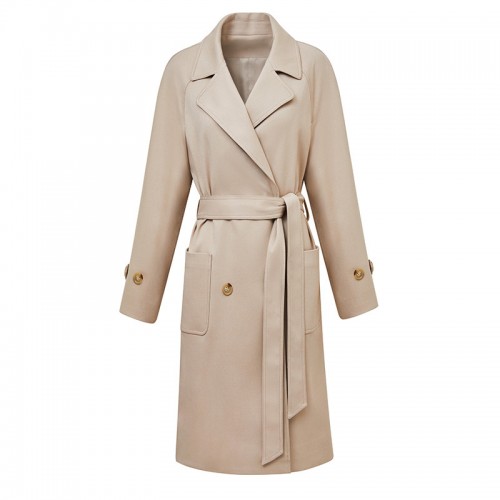 Lapel Collar Raglan Sleeves Belted Trench Coat