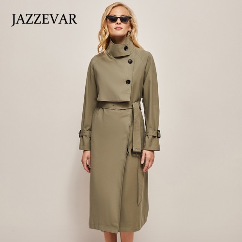 Stand Collar Side Buttons Belted Trench Coat