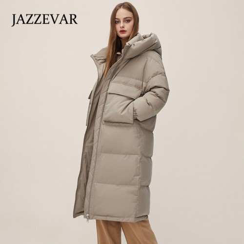 Long Puffer Jacket For Women With Hood, Winter Standing Collar Knee-high Pocket Warm Jacket For Outdoor, Women's Clothing