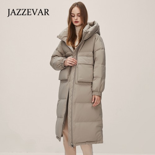 Long Puffer Jacket For Women With Hood, Winter Standing Collar Knee-high Pocket Warm Jacket For Outdoor, Women's Clothing