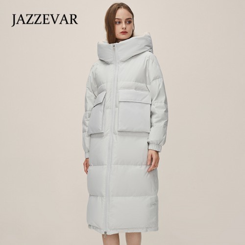 Long Puffer Jacket For Women With Hood, Winter Standing Collar Knee-high Pocket Warm Jacket For Outdoor, Women's Clothing